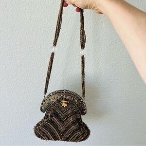 Vintage Brown Beaded Evening Shoulder Bag Gold Metal Frame Purse